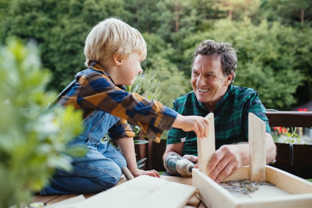 grandad constructing wooden model with grandchild
